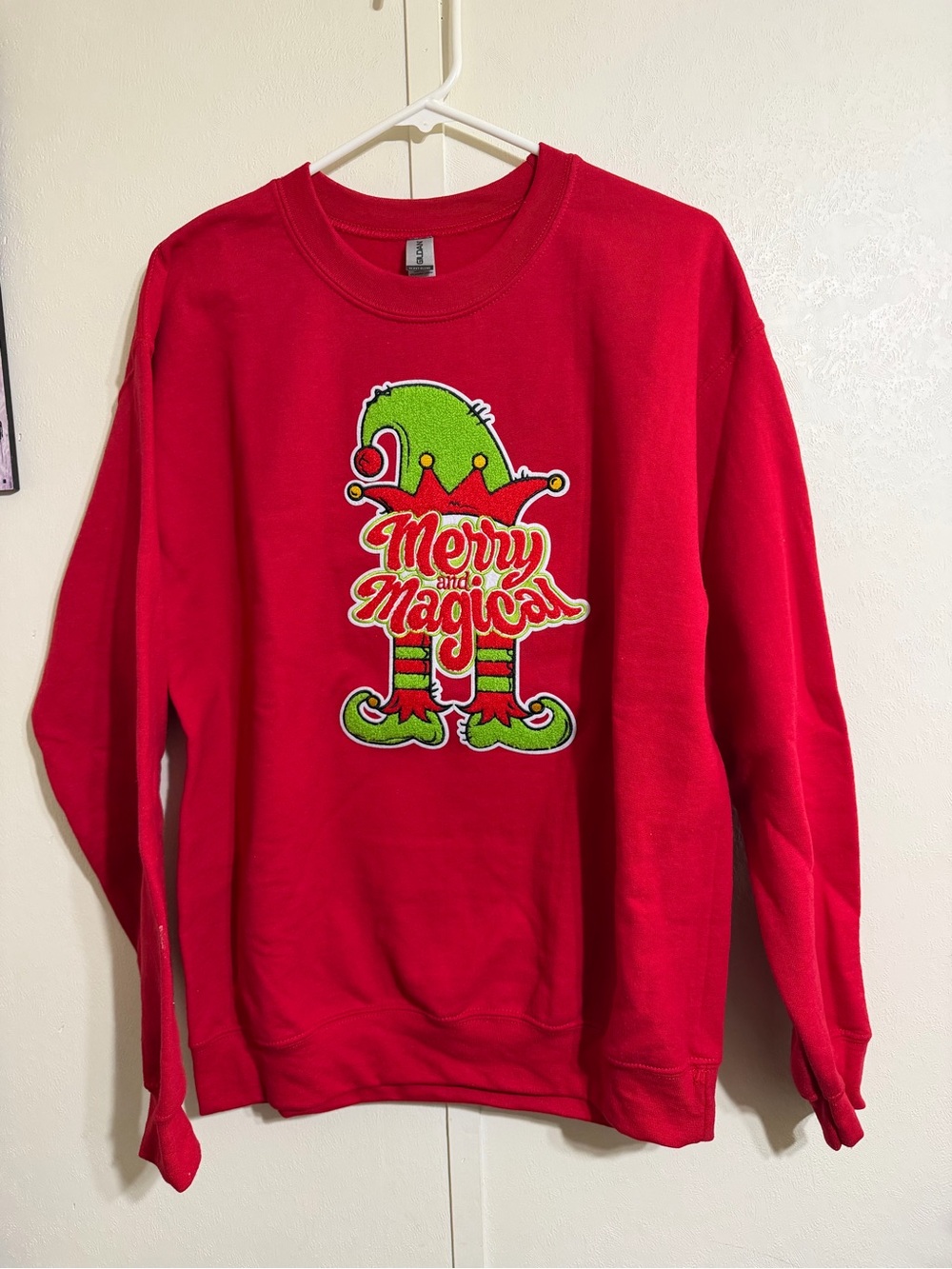 Gildan Red Holiday Crewneck Sweatshirt with Green Elf Applique